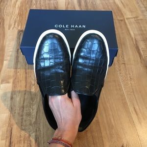Cole Haan black croc embossed slip-ons